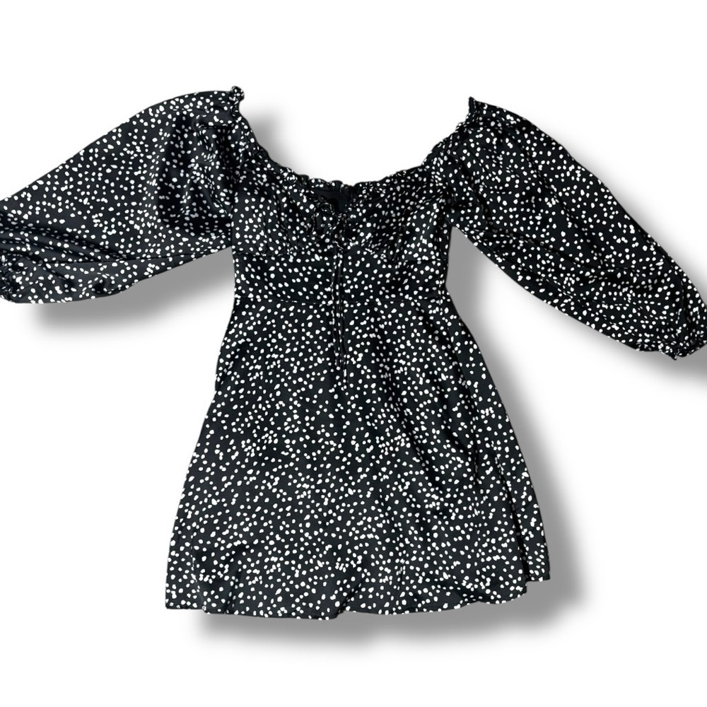 She + Sky Black and White Polka Dot Ruffled Front Tie Long Sleeve Mini Dress - Picture 8 of 16